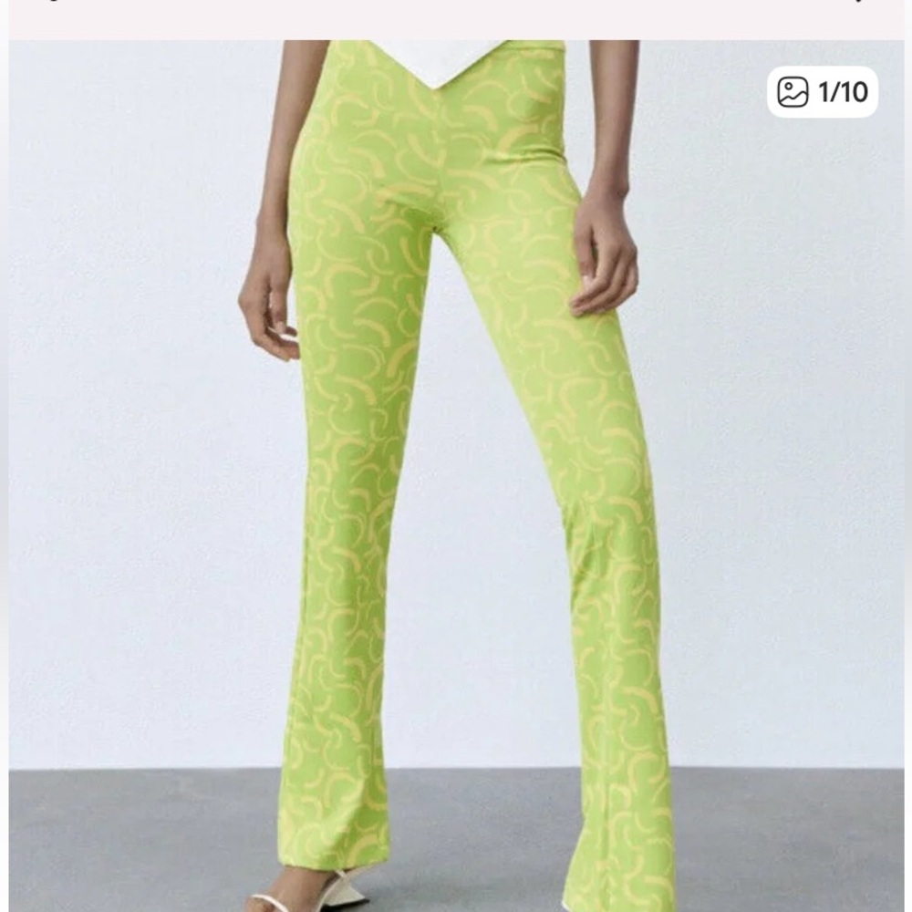 Zara Lime Green Patterned Boot-Cut Pants